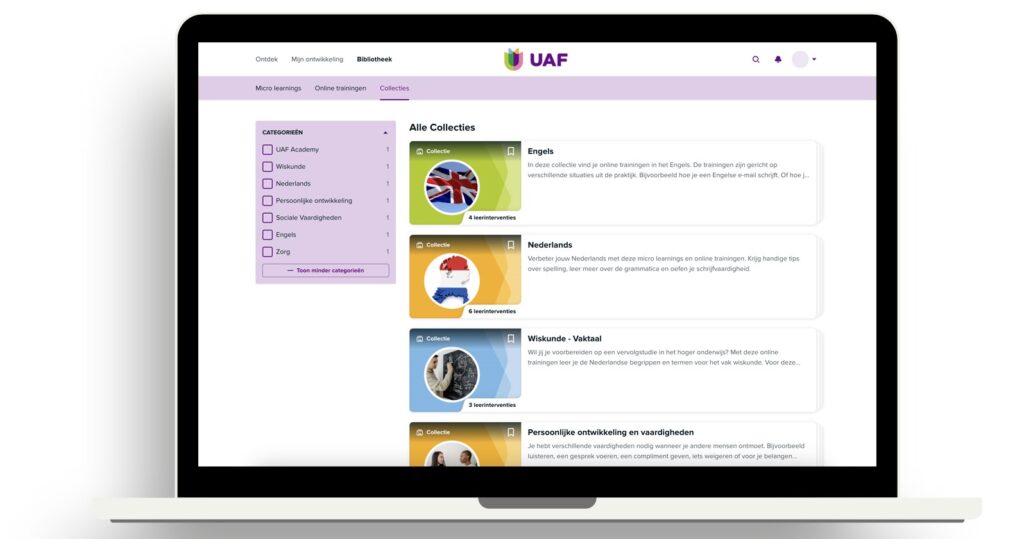 Overzicht van online trainingen op de UAF Academy voor Members